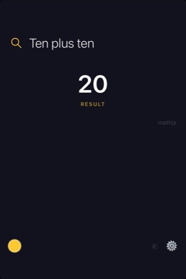 Nimble on iPhone answering "Ten plus ten" with 20, computed offline.